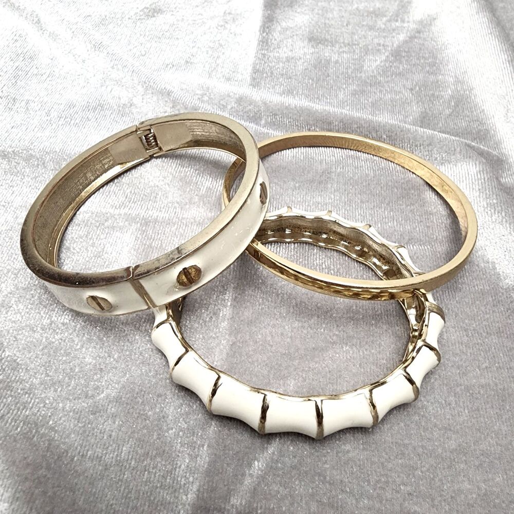 Set of 3 Gold Tone Cream Enamel Bangle Bracelets Curated Stack Minimalist